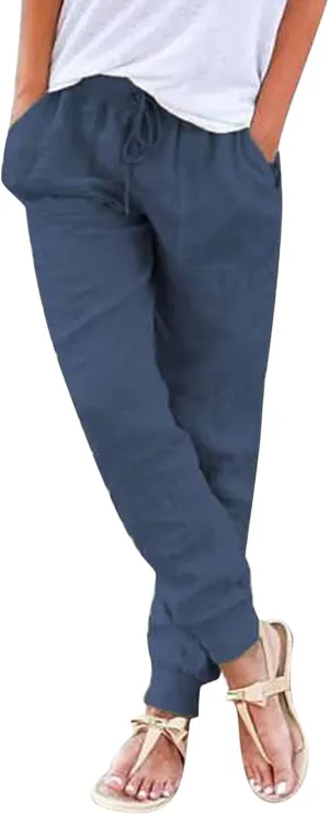 Cotton Linen Summer Pants for Women 2024 Elastic Waist Loose Fit Straight Leg Crop Pants Beach Trousers with Pockets