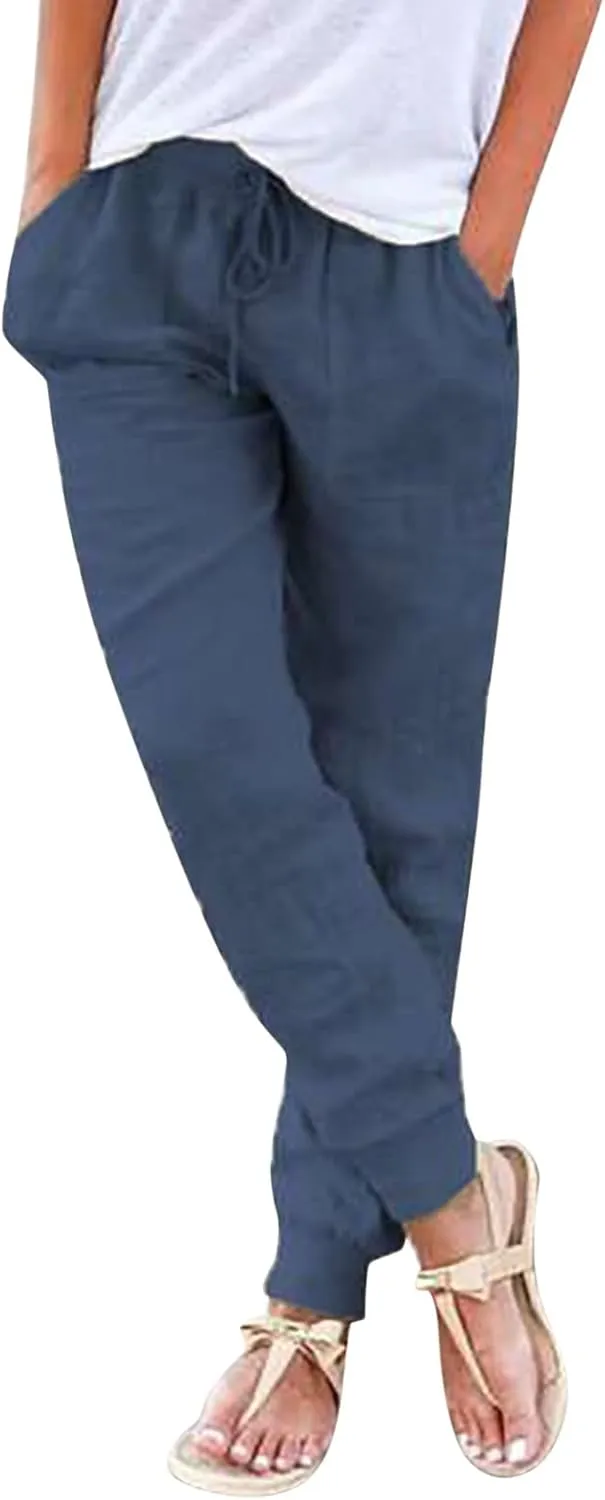Cotton Linen Summer Pants for Women 2024 Elastic Waist Loose Fit Straight Leg Crop Pants Beach Trousers with Pockets