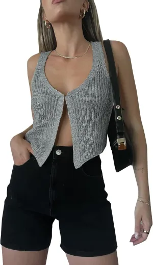 Crochet Knitted Vest for Women Vintage Y2K Hollow Out Button Down Cardigan Retro Crochet Knit Tank Vest