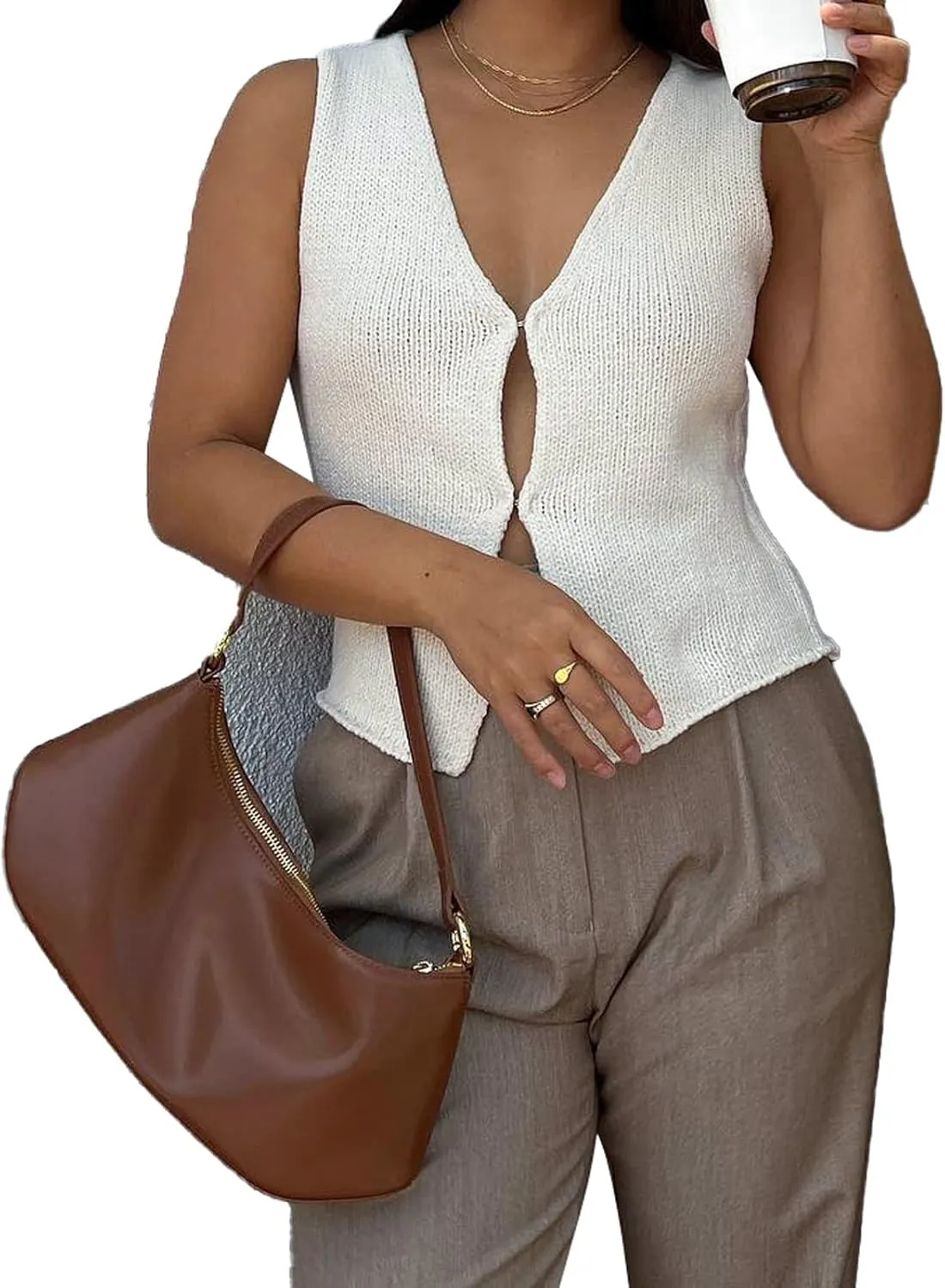Crochet Knitted Vest for Women Vintage Y2K Hollow Out Button Down Cardigan Retro Crochet Knit Tank Vest