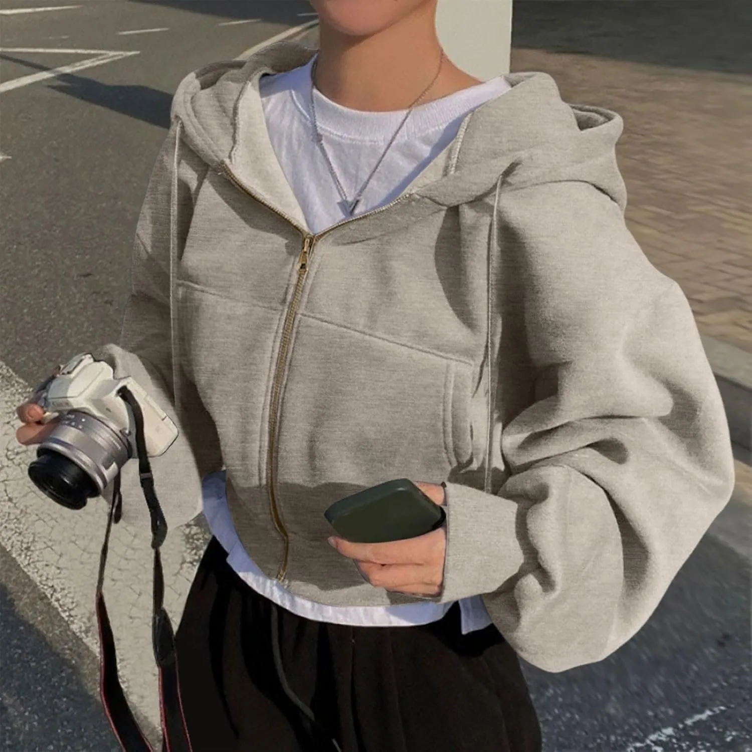 Cropped Zip Hoodie for Women Oversized Drawstring Jacket 2024 Fall Fashion Teens Long Sleeve Sweatshirt with Pocket