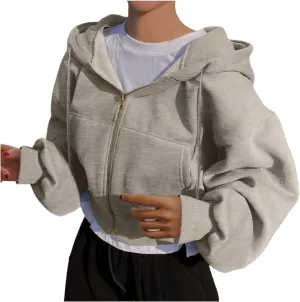 Cropped Zip Hoodie for Women Oversized Drawstring Jacket 2024 Fall Fashion Teens Long Sleeve Sweatshirt with Pocket
