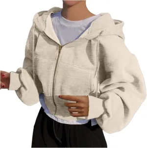 Cropped Zip Hoodie for Women Oversized Drawstring Jacket 2024 Fall Fashion Teens Long Sleeve Sweatshirt with Pocket