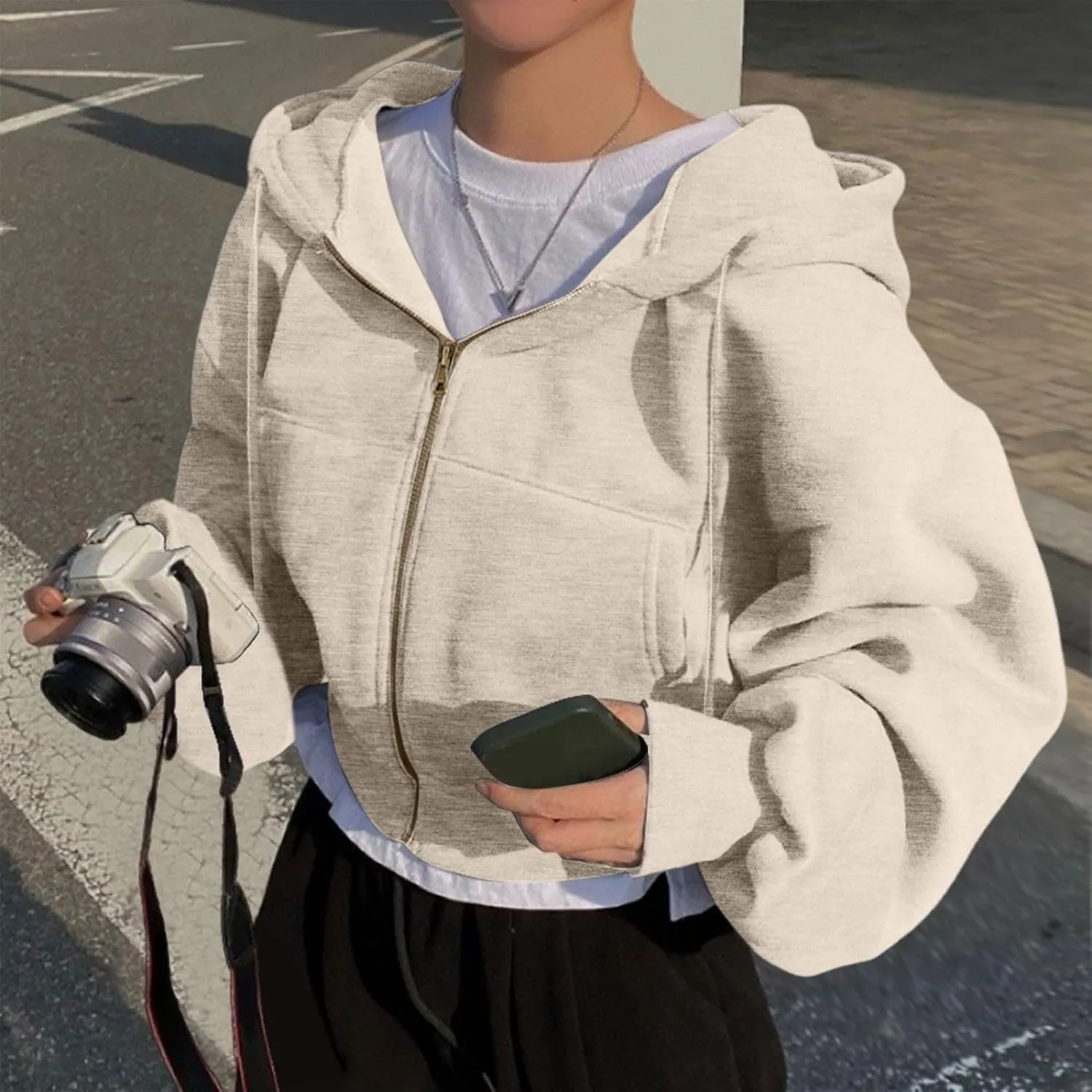 Cropped Zip Hoodie for Women Oversized Drawstring Jacket 2024 Fall Fashion Teens Long Sleeve Sweatshirt with Pocket