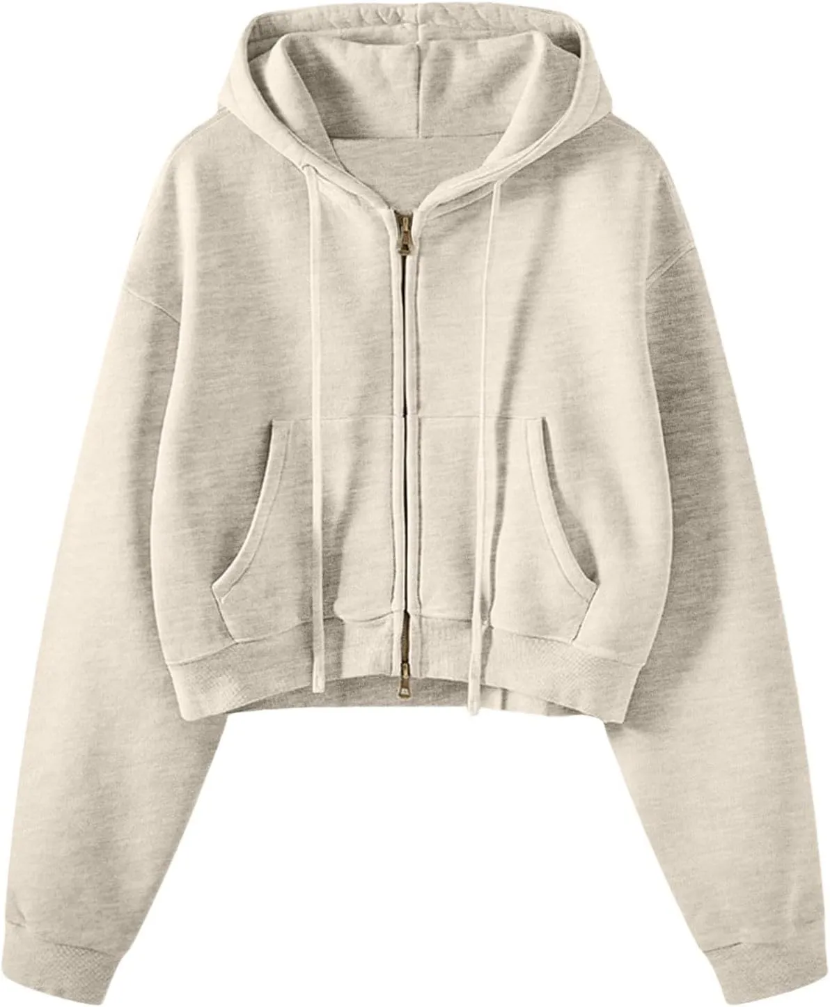 Cropped Zip Hoodie for Women Oversized Drawstring Jacket 2024 Fall Fashion Teens Long Sleeve Sweatshirt with Pocket