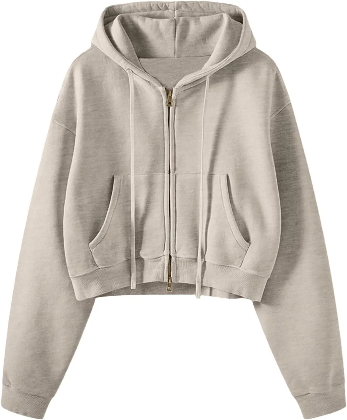 Cropped Zip Hoodie for Women Oversized Drawstring Jacket 2024 Fall Fashion Teens Long Sleeve Sweatshirt with Pocket