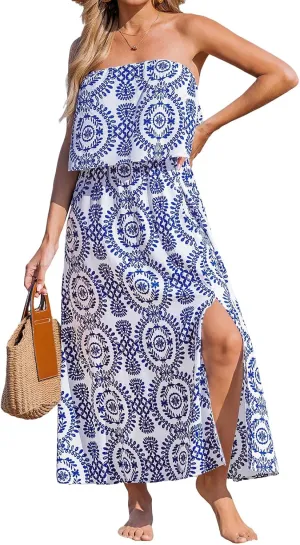 CUPSHE Women Backless Midi Summer Dress Tube Straight Neck Tiered Ruffle Side Slit Casual Sundress Holiday Beach Dresses