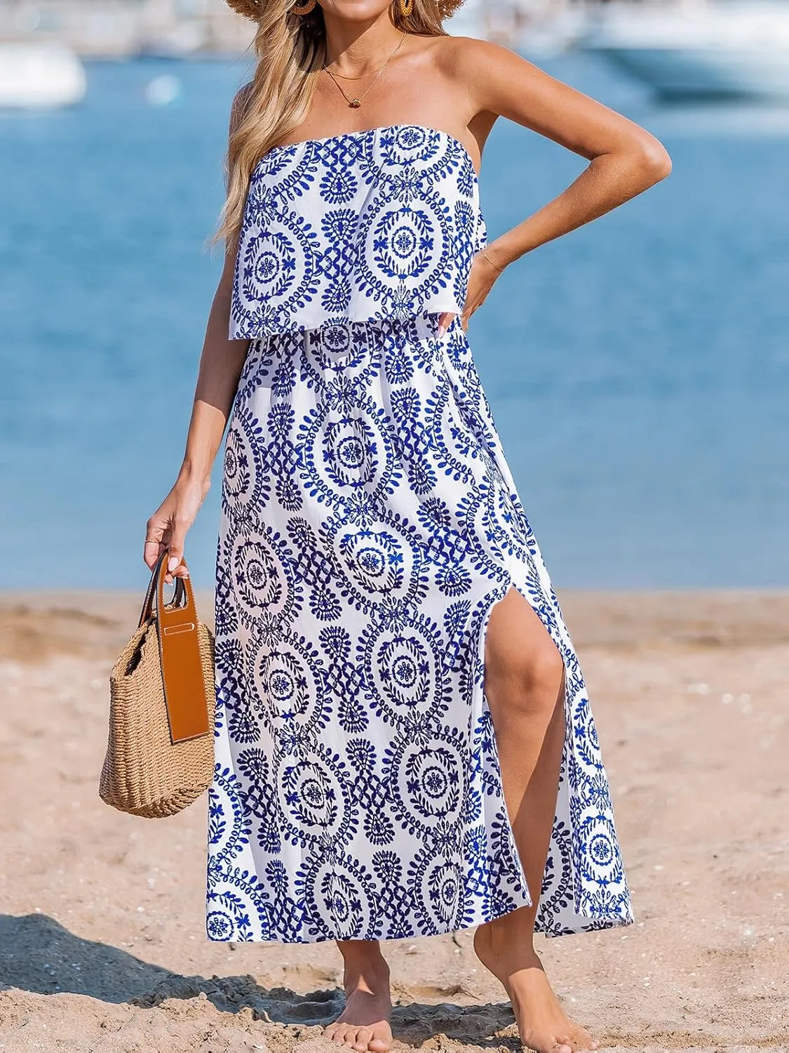 CUPSHE Women Backless Midi Summer Dress Tube Straight Neck Tiered Ruffle Side Slit Casual Sundress Holiday Beach Dresses
