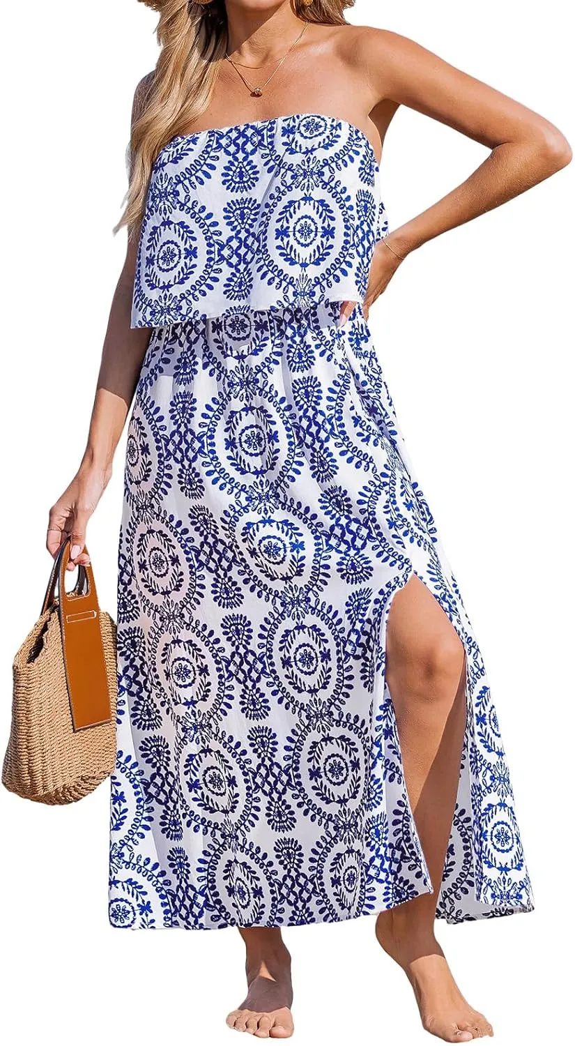 CUPSHE Women Backless Midi Summer Dress Tube Straight Neck Tiered Ruffle Side Slit Casual Sundress Holiday Beach Dresses