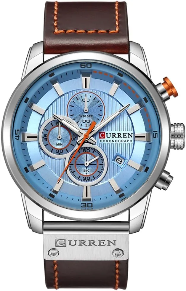 CURREN Men Leather Strap Military Watches Men's Chronograph Waterproof Sport Wrist Date Quartz Wristwatch Gifts (Silver Blue)