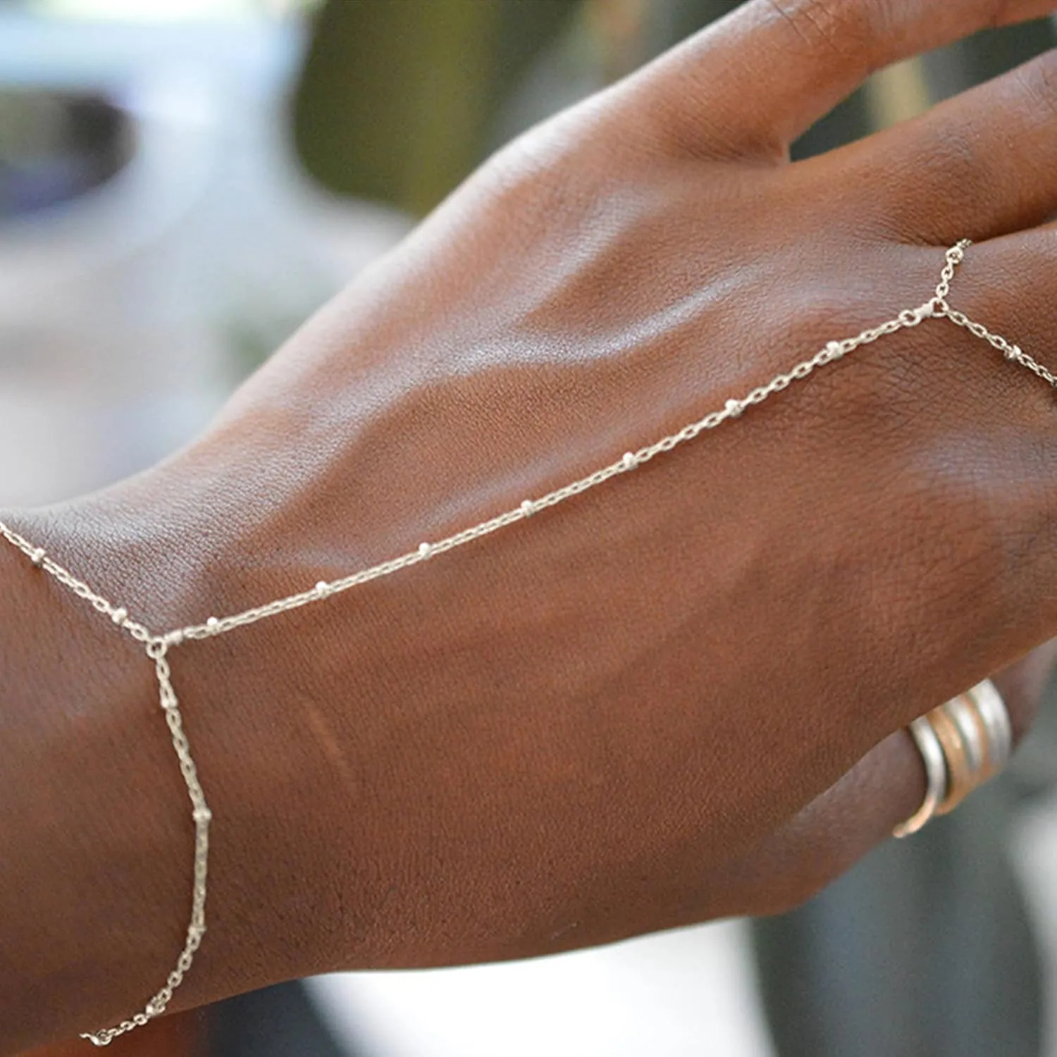 Dainty 14K Gold Hand Chain Bracelet Ring - Adjustable Rhinestone Finger Ring for Trendy Gifts