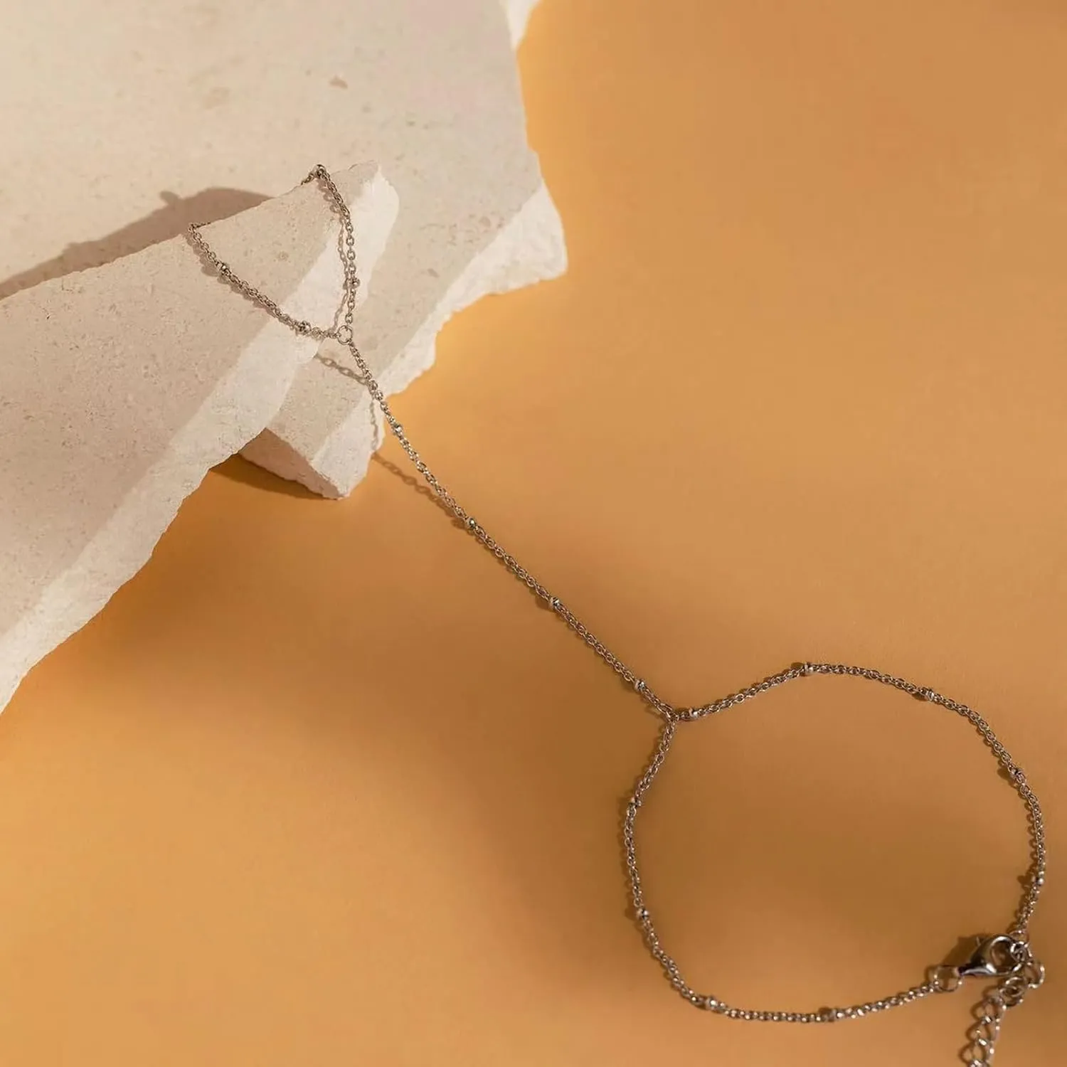 Dainty 14K Gold Hand Chain Bracelet Ring - Adjustable Rhinestone Finger Ring for Trendy Gifts