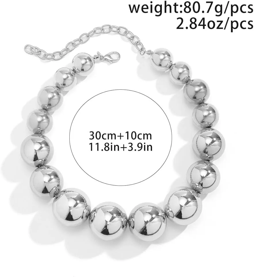 Dainty Chunky Gold Big Beaded Balls Stretch Necklace for Women Statement Large Round Ball Beads Collar Choker Necklaces Vintage Exaggerated Party Jewelry Gifts