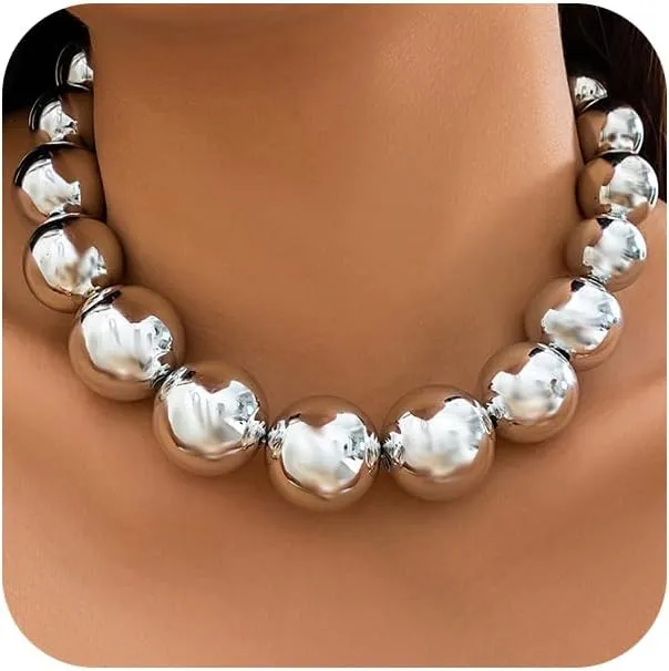 Dainty Chunky Gold Big Beaded Balls Stretch Necklace for Women Statement Large Round Ball Beads Collar Choker Necklaces Vintage Exaggerated Party Jewelry Gifts