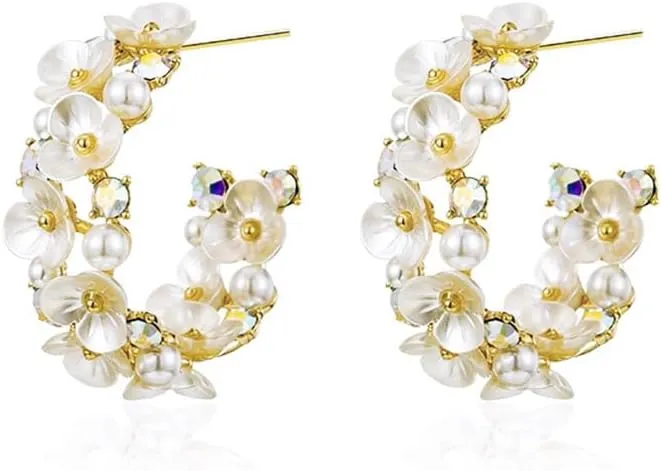 Dainty Shell Flower C Shaped Crystal Hoop Earrings for Women 18k Gold Plated Hypoallergenic Pearl Open Round Circle Huggie Hoops Minimalist Hooped Fashion Jewelry for Anniversary Wedding Party