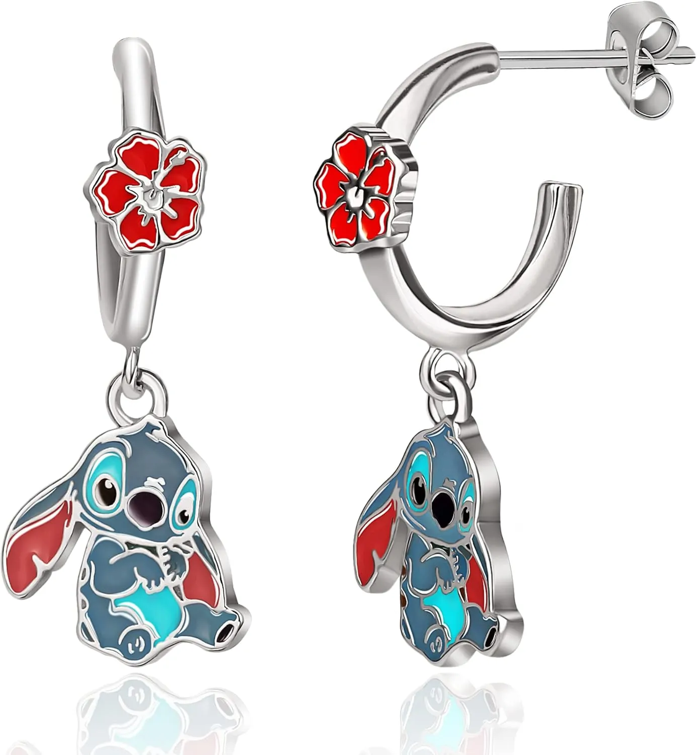 Disney Lilo & Stitch Hoop Earrings for Women  Officially Licensed Enamel and Silver Flash-Plated Stitch Dangle Earrings