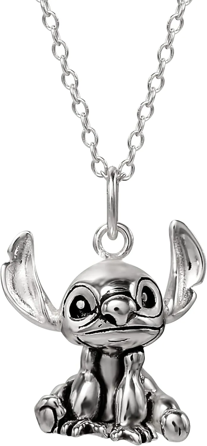Disney Lilo & Stitch Sterling Silver Necklace for Women, 3D Pendant Stitch Necklace with 18-inch Chain Official License