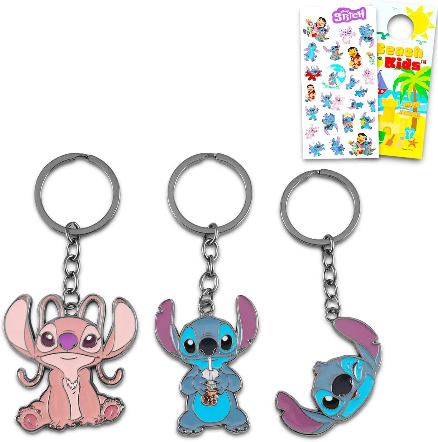 Disney Lilo and Stitch Keychain Set - Bundle with 3 Lilo and Stitch Keyrings Including Stitch and Angel Plus Stickers, Tattoos, More | Stitch Keychains for Girls