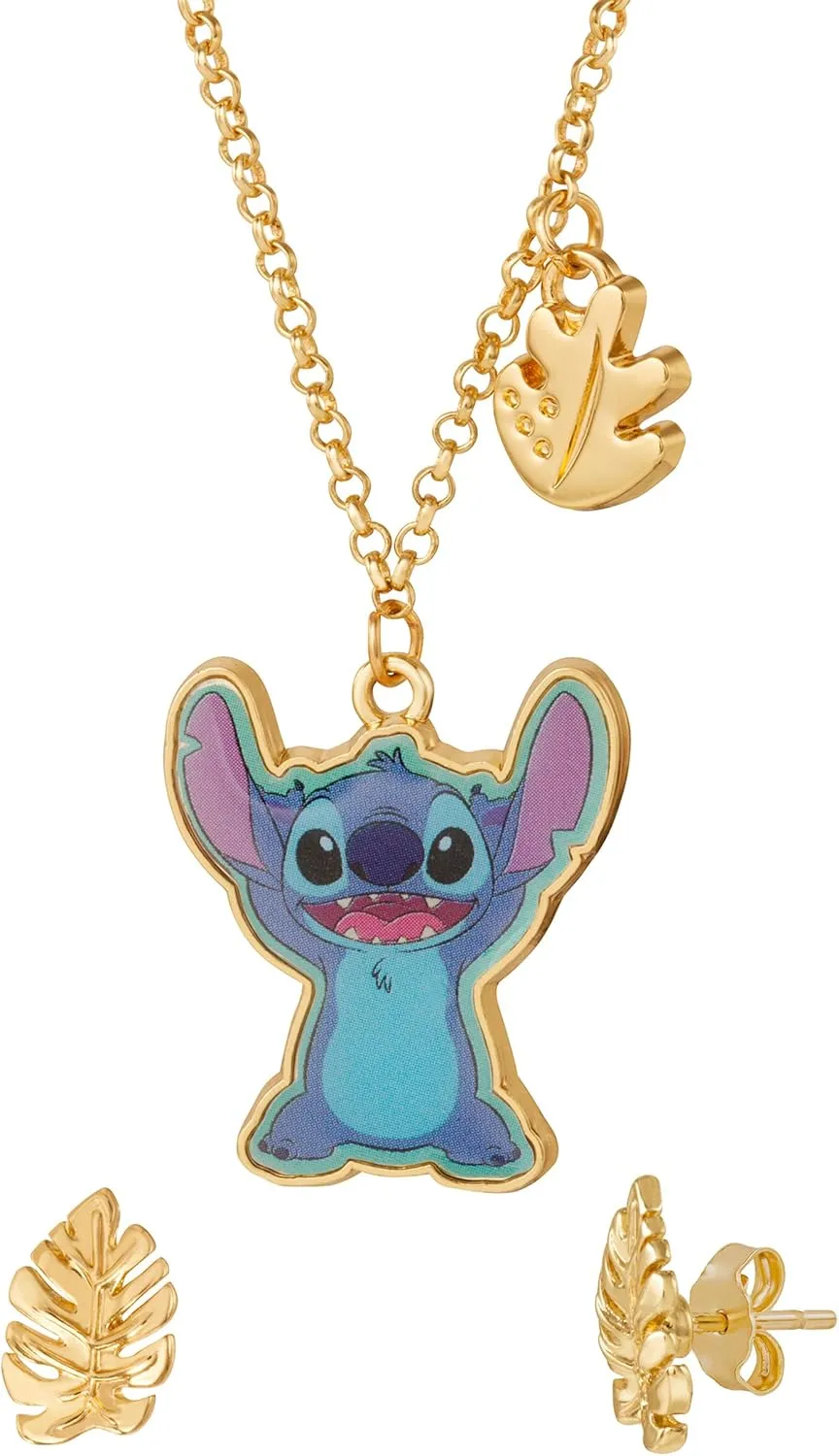 Disney Stitch Jewelry Set Official License with 16 3 Necklace and Palm Leaf Earrings, Gold Tone Fashion Necklace and Stud Earrings