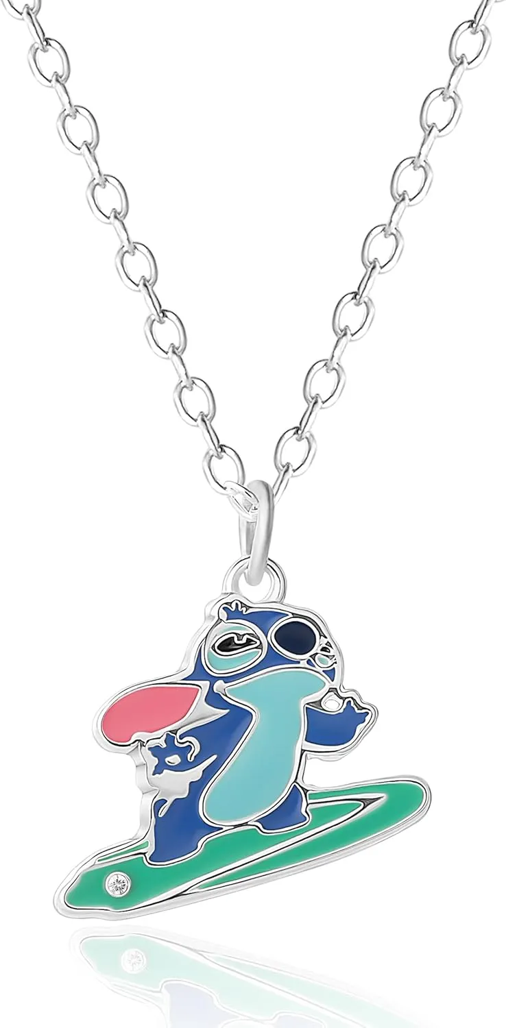 Disney Stitch Necklace for Women 16" 2" Official License, Silver Flash-Plated Lilo and Stitch Surfing Pendant Necklace