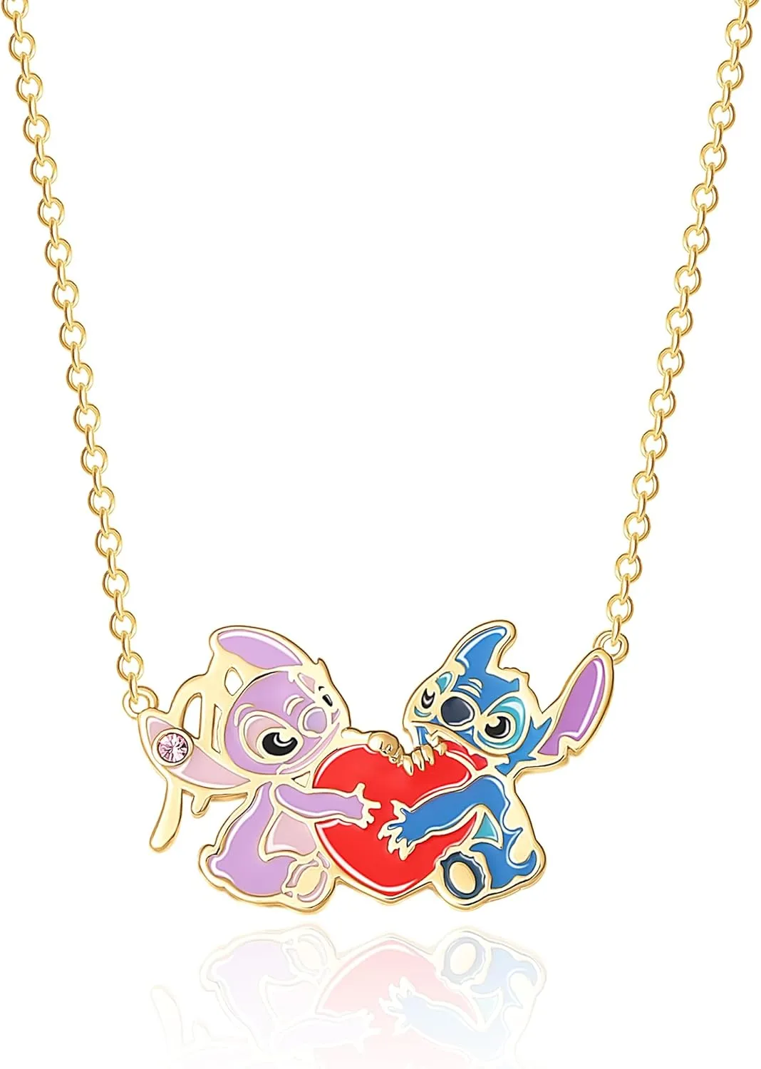 Disney Womens Stitch and Angel Heart Pendant Necklace 18" - 18kt Flash Plated Stitch Necklace Officially Licensed