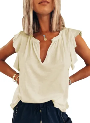 Dokotoo Women's Casual V Neck Ruffle Sleeve Summer Tank Tops Shirts