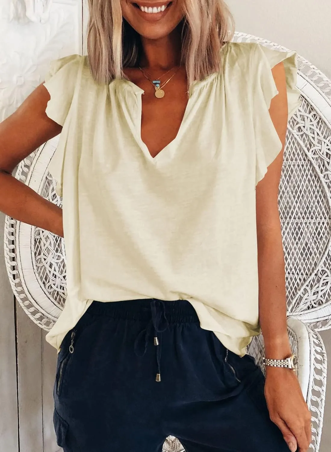 Dokotoo Women's Casual V Neck Ruffle Sleeve Summer Tank Tops Shirts