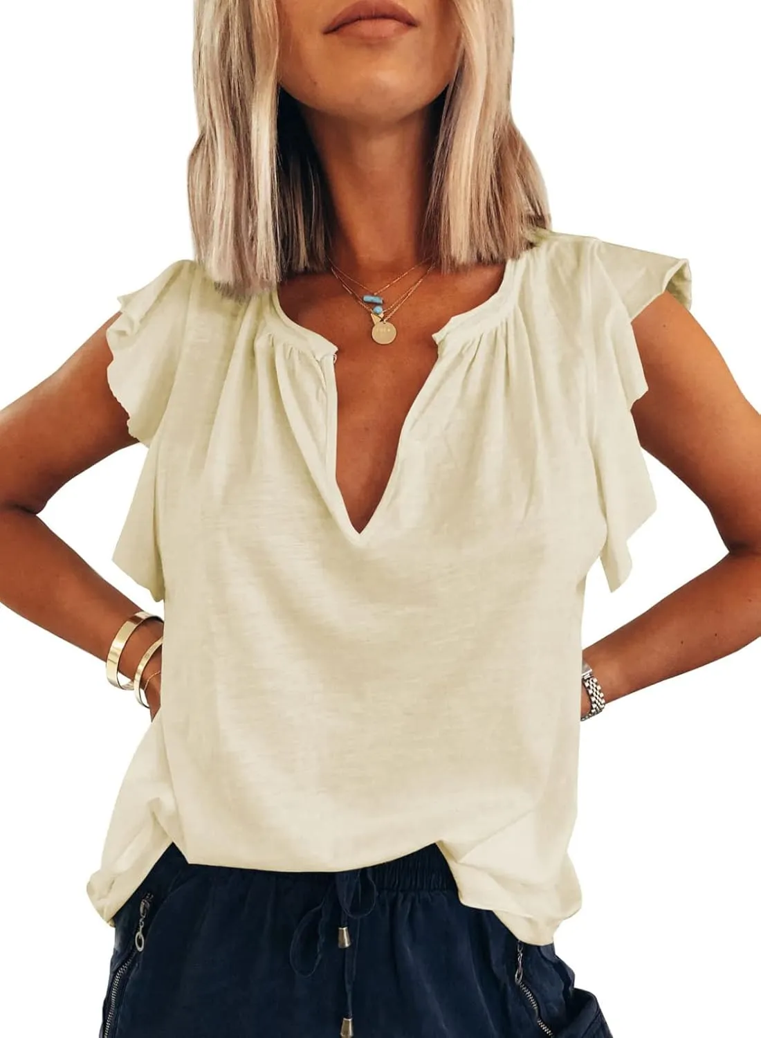 Dokotoo Women's Casual V Neck Ruffle Sleeve Summer Tank Tops Shirts