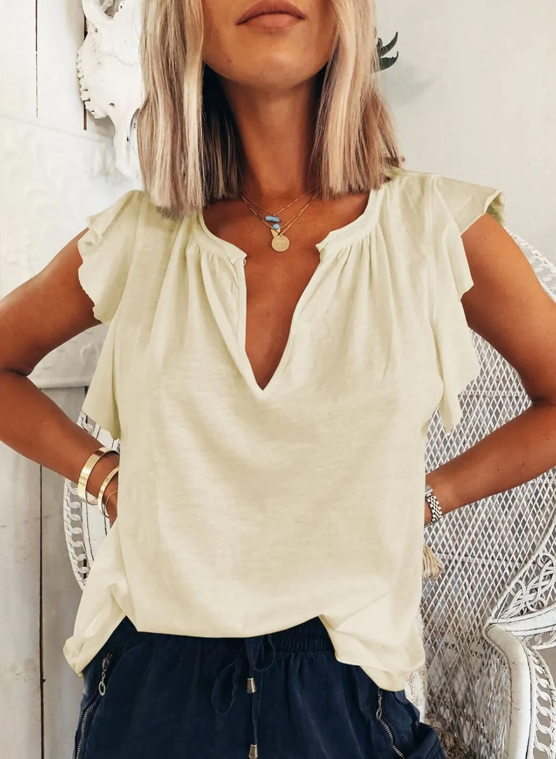 Dokotoo Women's Casual V Neck Ruffle Sleeve Summer Tank Tops Shirts