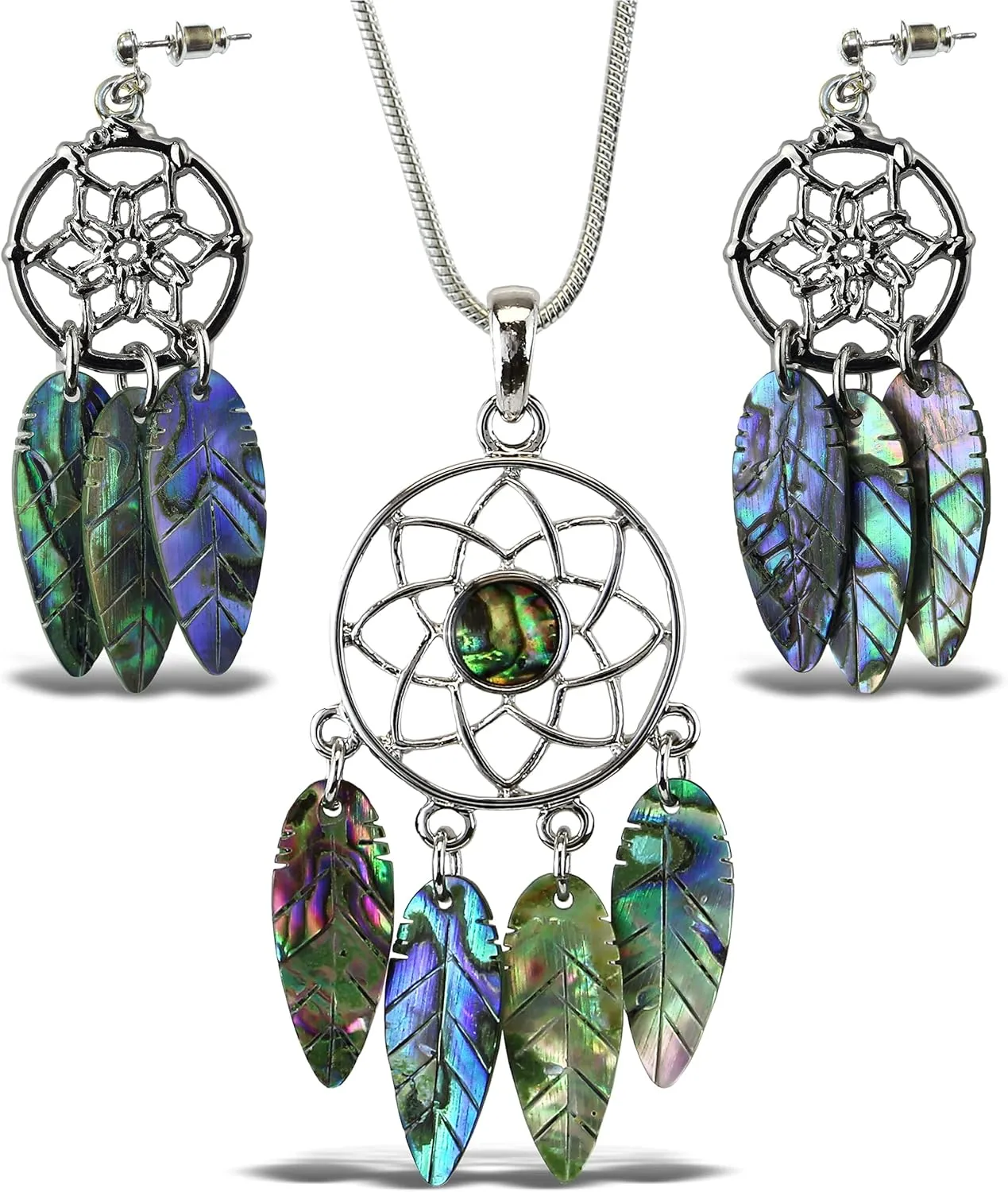 Dream Catcher Necklace & Earrings Jewelry Set - Silver Pendant with Snake Chain Necklace & Dangle Hook Earrings Made with Natural Paua Abalone Shell - 18 Inch