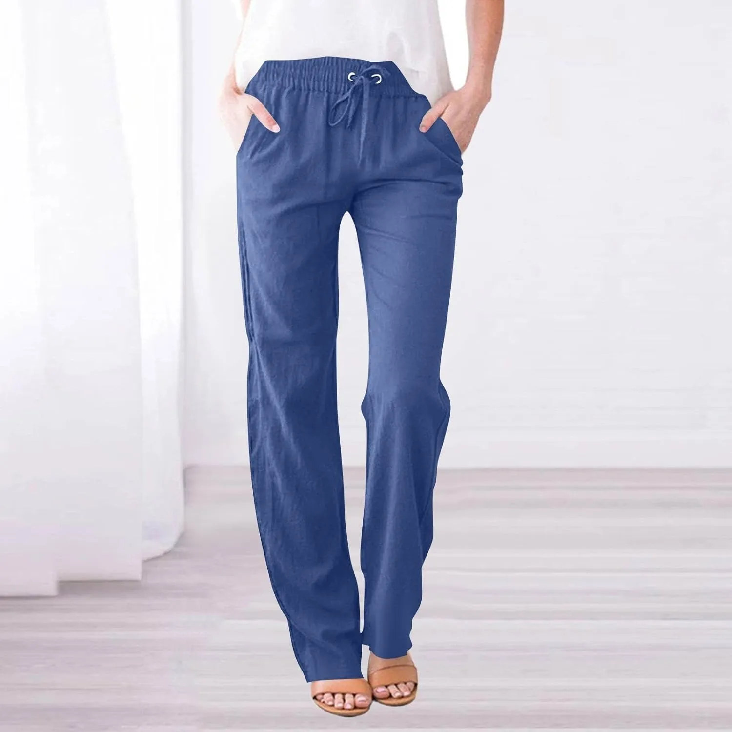 Dress Pants Women High Waisted,Womens Sweatpants Palazzo Straight Leg Trousers Linen Cotton Dressy