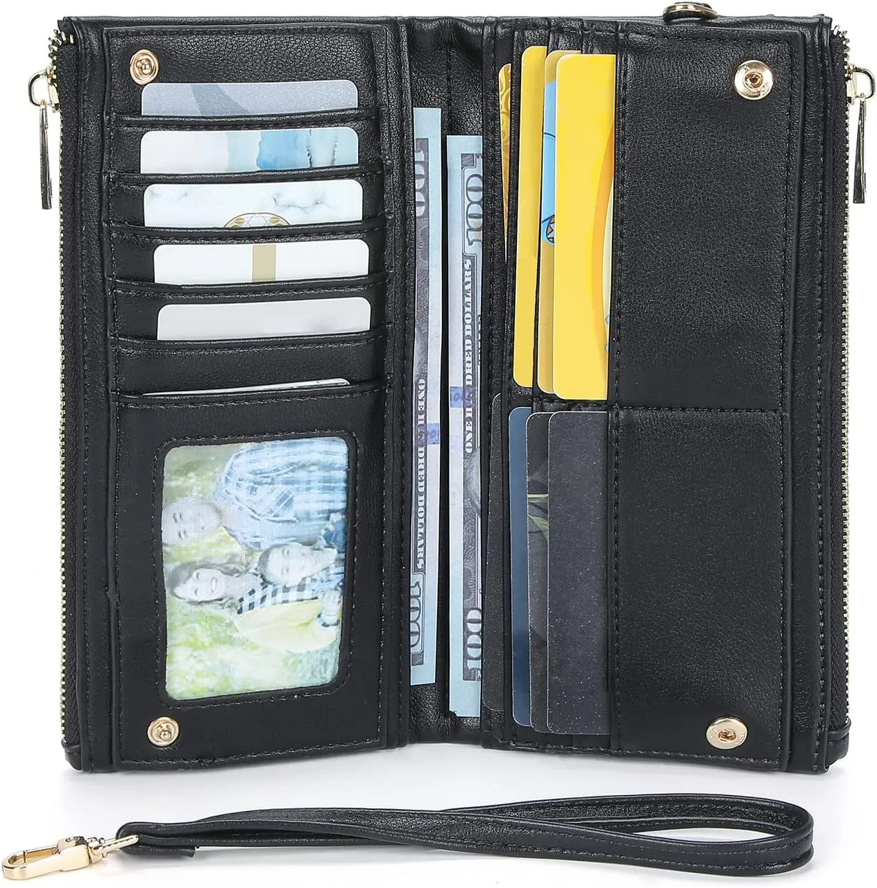 Earnda Thin Wallet Keychain Wristlet for Women Credit Card Holder Organizer Large Ladies Travel Clutch Purse Black