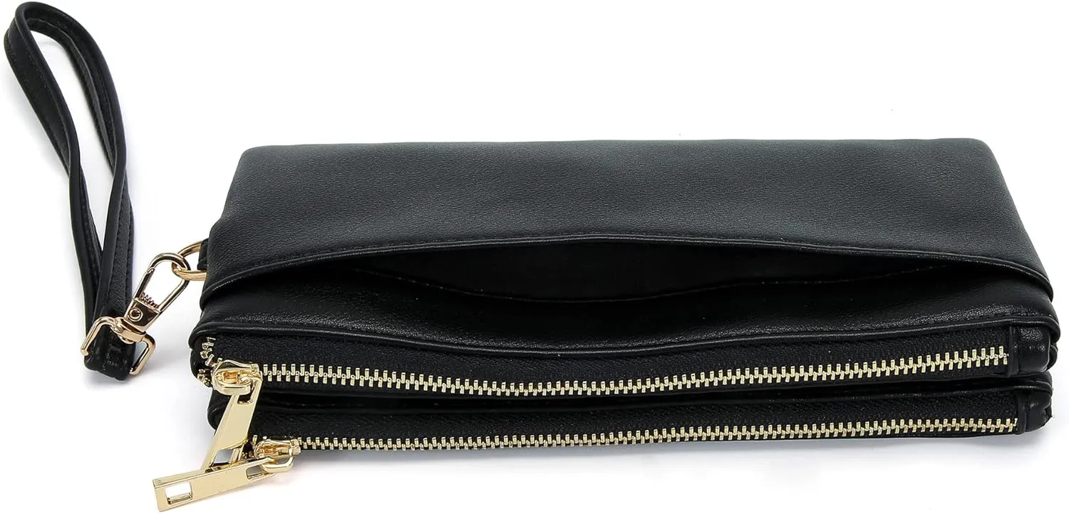 Earnda Thin Wallet Keychain Wristlet for Women Credit Card Holder Organizer Large Ladies Travel Clutch Purse Black