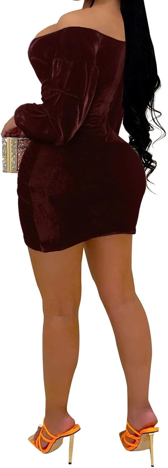 Elainone Women's Off Shoulder Wrap V Neck Velvet Bodycon Dress Ruched Long Puff Sleeve Cocktail Party Mini Dresses
