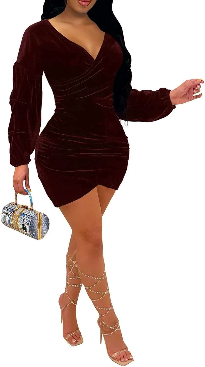 Elainone Women's Off Shoulder Wrap V Neck Velvet Bodycon Dress Ruched Long Puff Sleeve Cocktail Party Mini Dresses