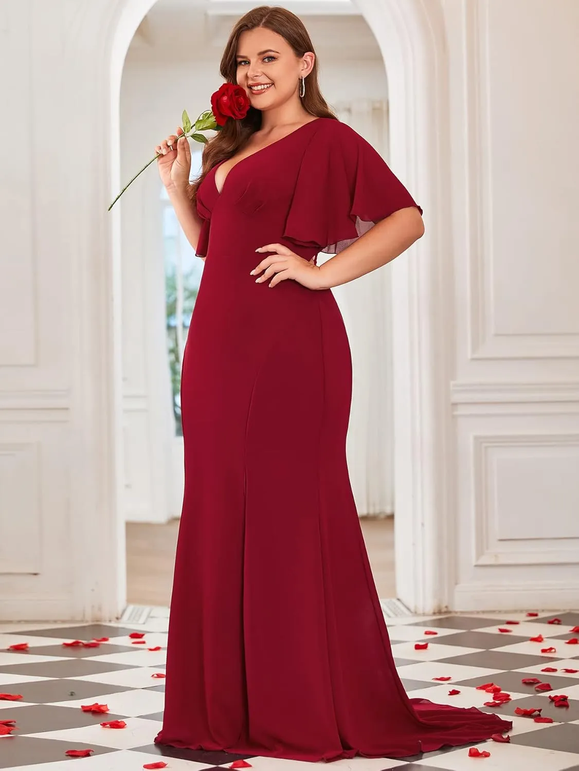 Elegant Plus Size Flowy Chiffon V-Neck Flutter Sleeve Mermaid Formal Maxi Dresses