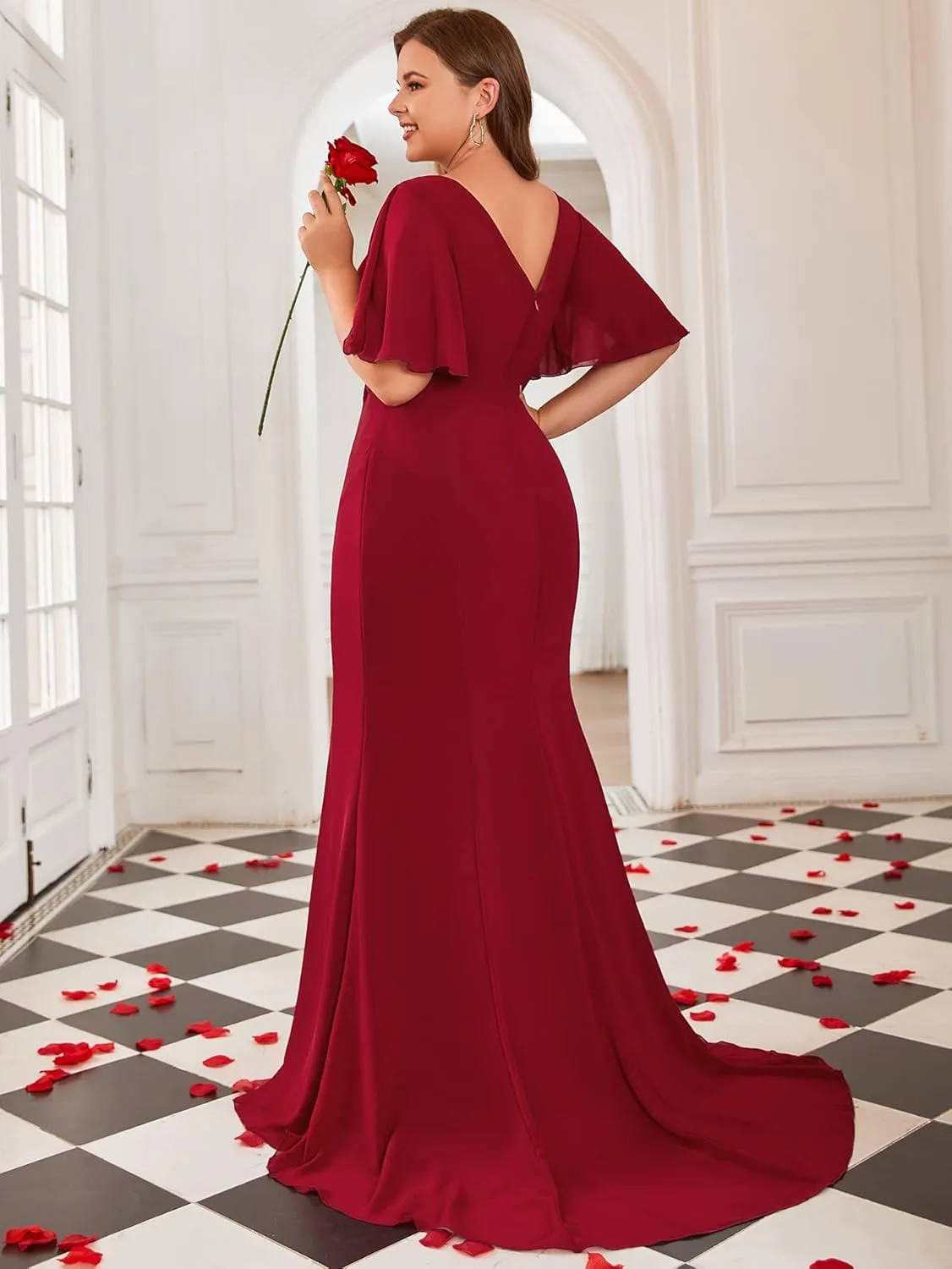 Elegant Plus Size Flowy Chiffon V-Neck Flutter Sleeve Mermaid Formal Maxi Dresses