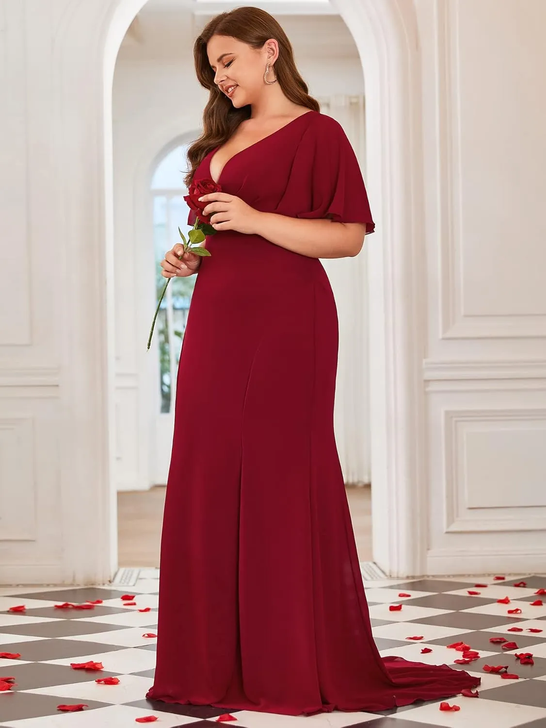 Elegant Plus Size Flowy Chiffon V-Neck Flutter Sleeve Mermaid Formal Maxi Dresses