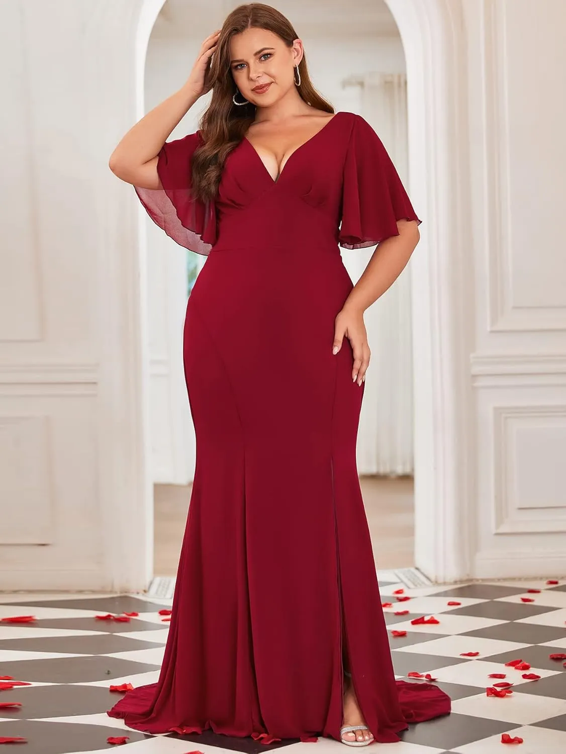 Elegant Plus Size Flowy Chiffon V-Neck Flutter Sleeve Mermaid Formal Maxi Dresses