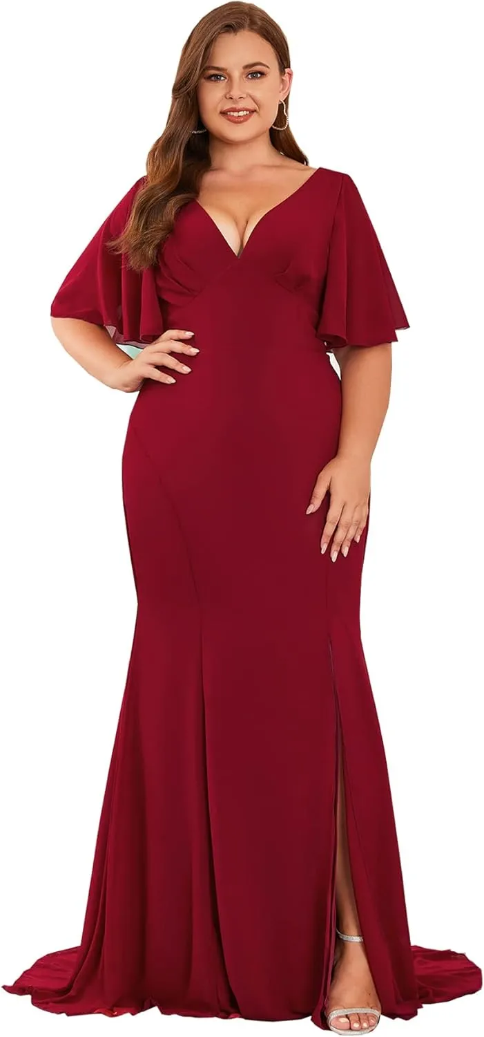 Elegant Plus Size Flowy Chiffon V-Neck Flutter Sleeve Mermaid Formal Maxi Dresses