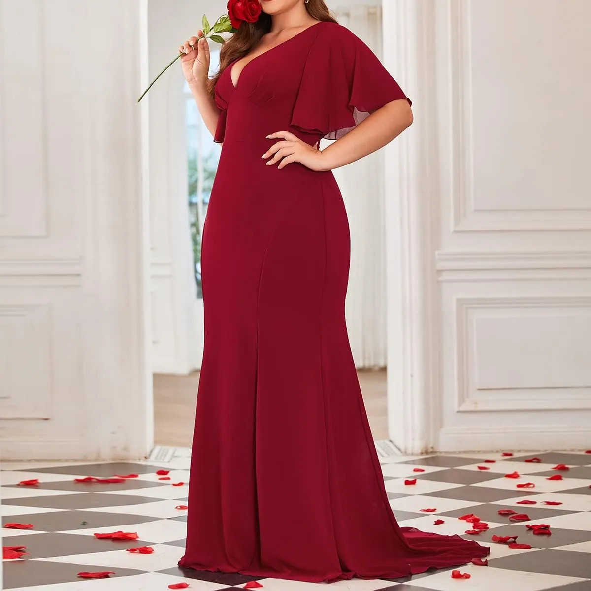 Elegant Plus Size Flowy Chiffon V-Neck Flutter Sleeve Mermaid Formal Maxi Dresses
