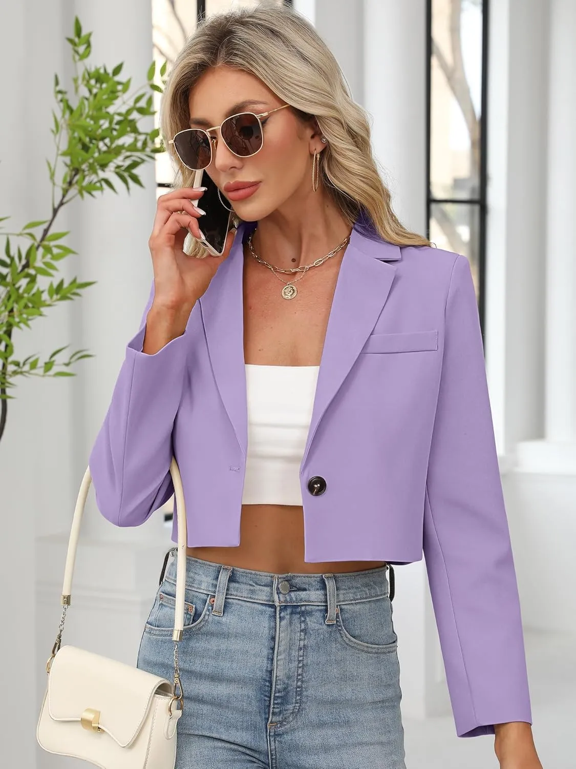 ELLEVEN Womens Cropped Blazer Business Casual Open Front Long Sleeve One Button Jacket