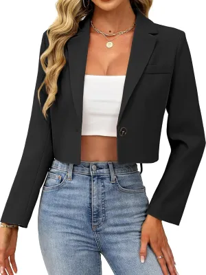 ELLEVEN Womens Cropped Blazer Business Casual Open Front Long Sleeve One Button Jacket