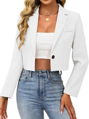 ELLEVEN Womens Cropped Blazer Business Casual Open Front Long Sleeve One Button Jacket