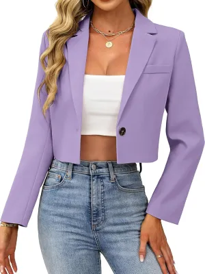 ELLEVEN Womens Cropped Blazer Business Casual Open Front Long Sleeve One Button Jacket