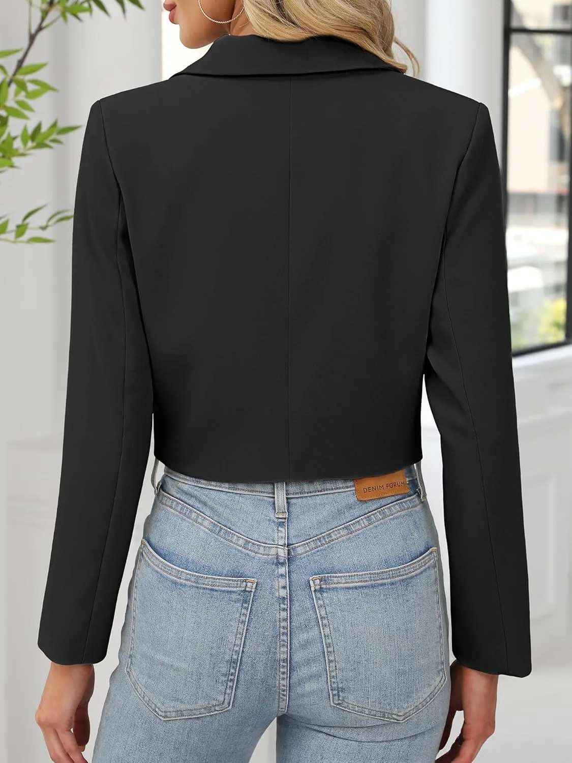 ELLEVEN Womens Cropped Blazer Business Casual Open Front Long Sleeve One Button Jacket