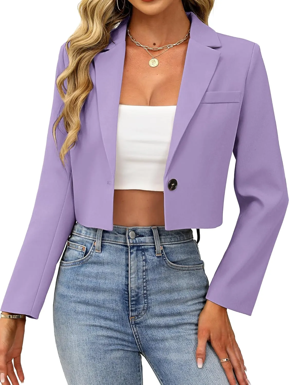 ELLEVEN Womens Cropped Blazer Business Casual Open Front Long Sleeve One Button Jacket