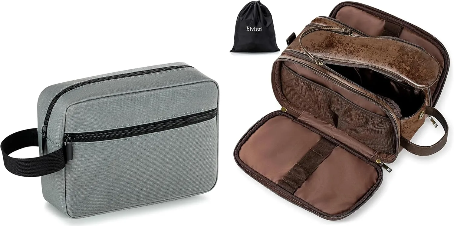 Elviros Travel Toiletry Bag for Men and Women, Shaving Dopp Kit Water-resistant Bathroom Small Toiletries Organizer PU Leather Cosmetic Bags