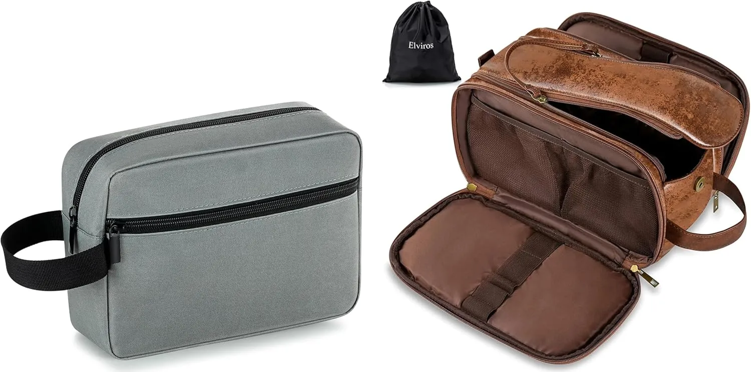 Elviros Travel Toiletry Bag for Men and Women, Shaving Dopp Kit Water-resistant Bathroom Small Toiletries Organizer PU Leather Cosmetic Bags