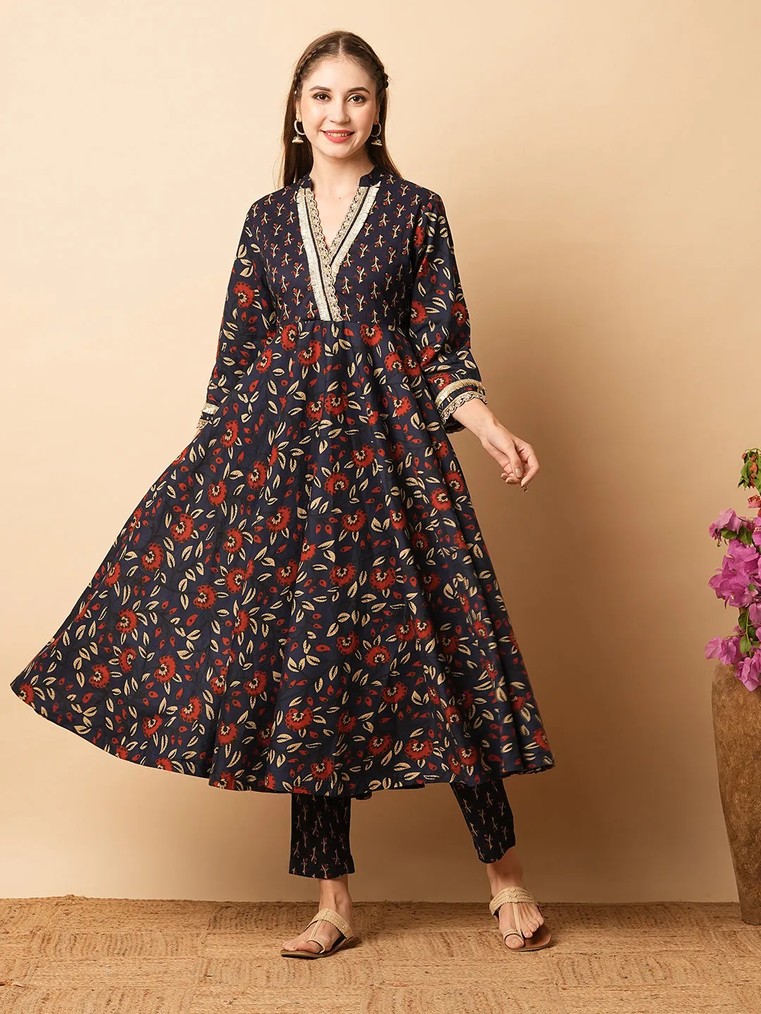 Ethnic Floral Printed & Embroidered A-Line Flared Kurta with Pant - Navy Blue